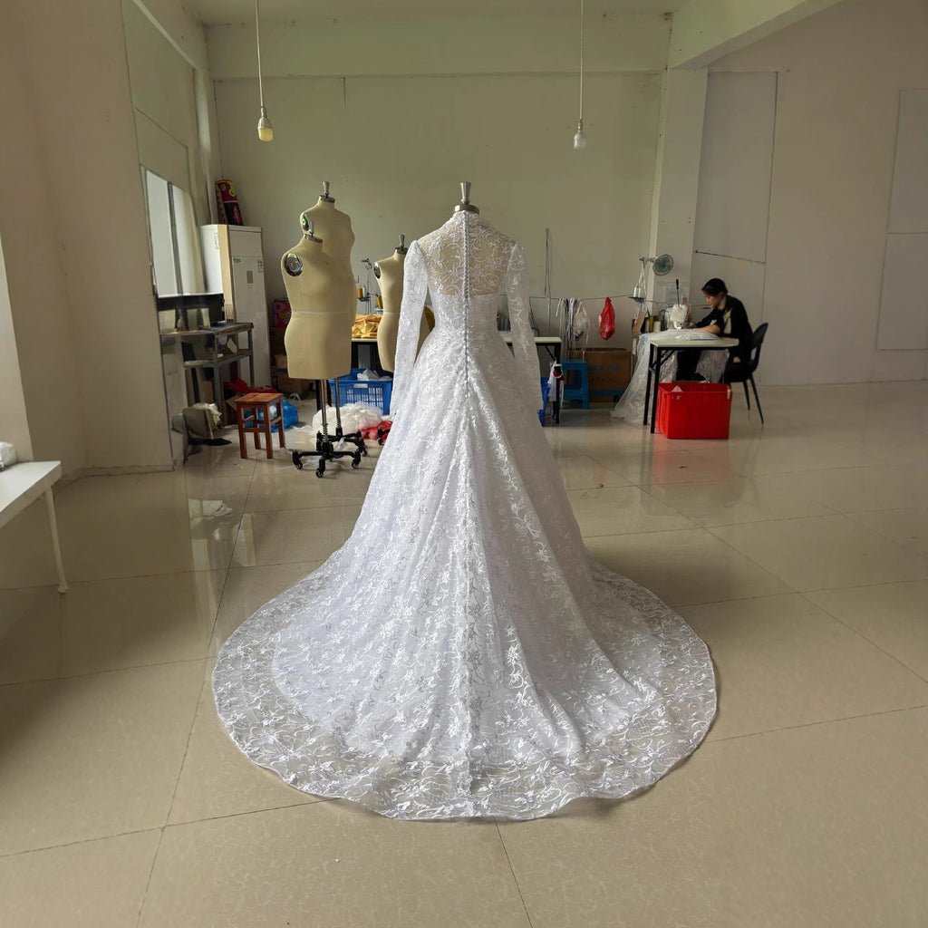 Embroidered Long Sleeve Trailing Wedding Dress - RICALOUX