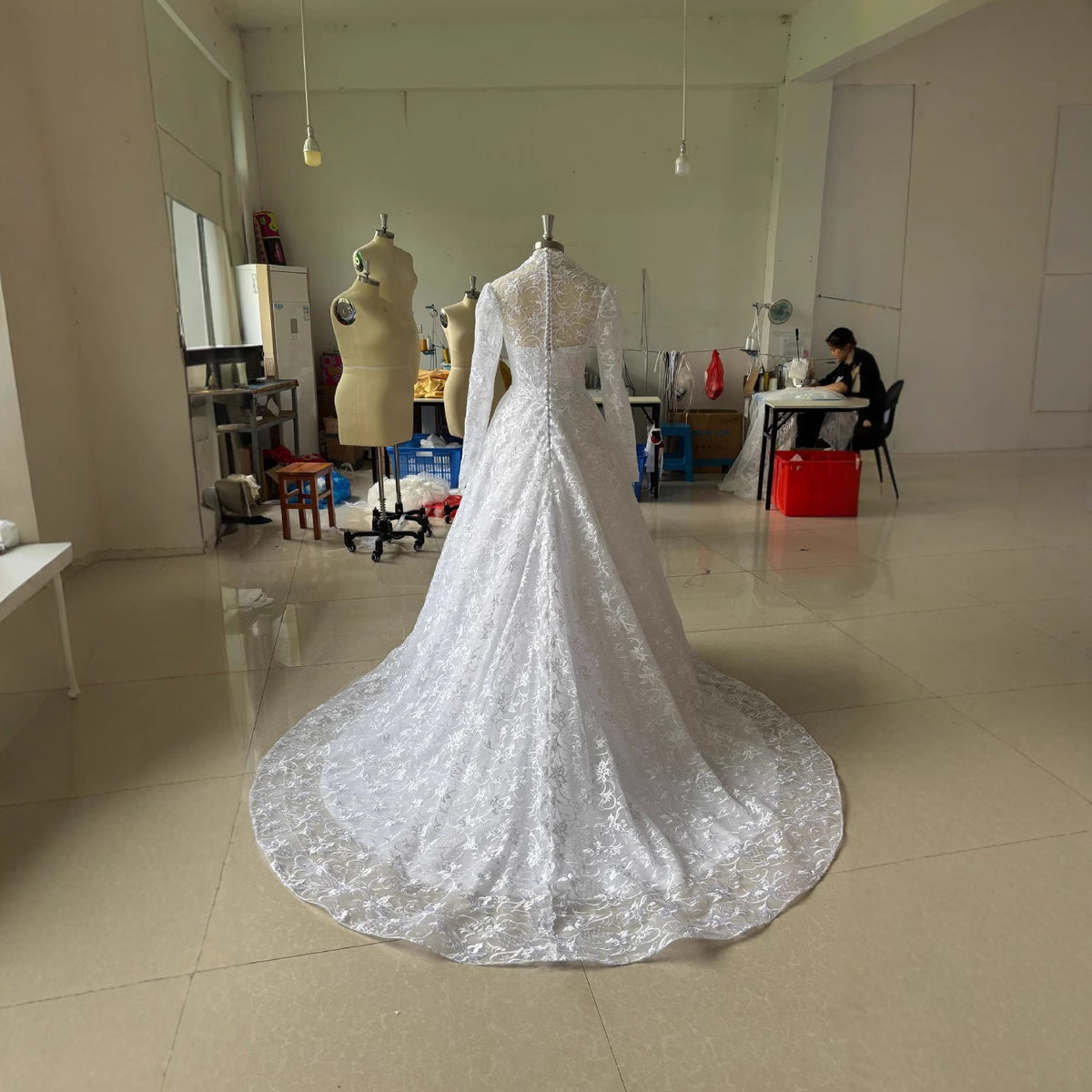 Embroidered Long Sleeve Trailing Wedding Dress - RICALOUX
