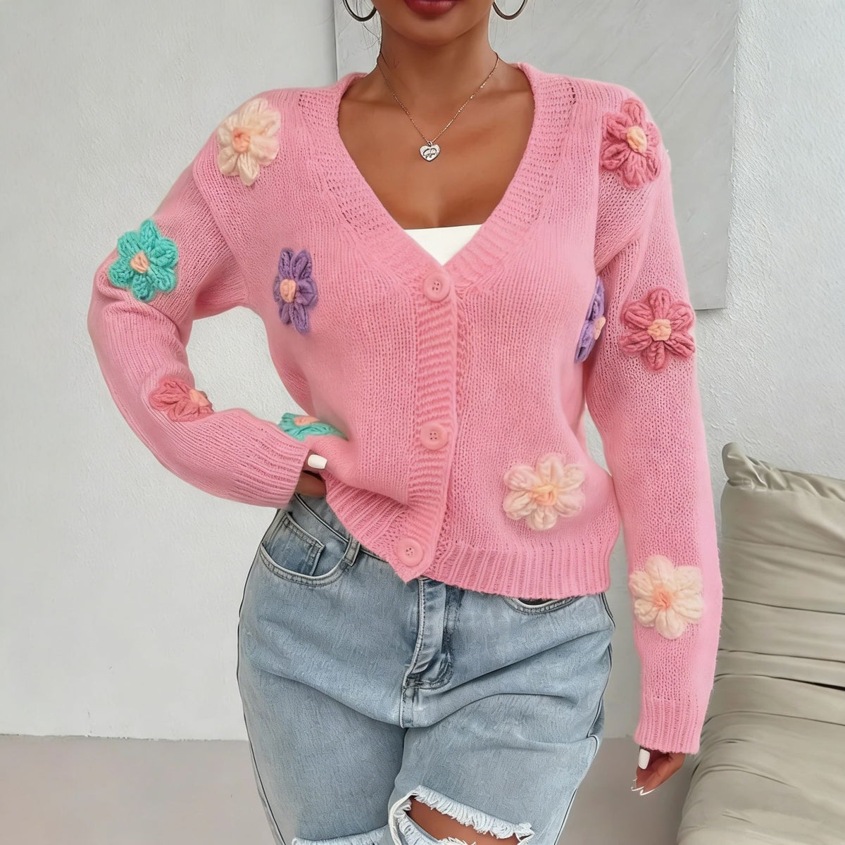 Womens Knitted Cardigan With Three-dimensional Floral Pattern And Hand-embroidered Flowers by Ricaloux