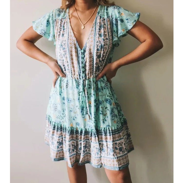 V-neck Short Sleeve Bohemian Dress - RICALOUX