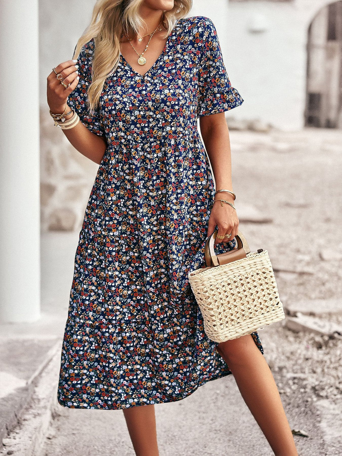 Casual Bohemian V-neck Short-sleeve Flowing Long Beach Dress by Ricaloux