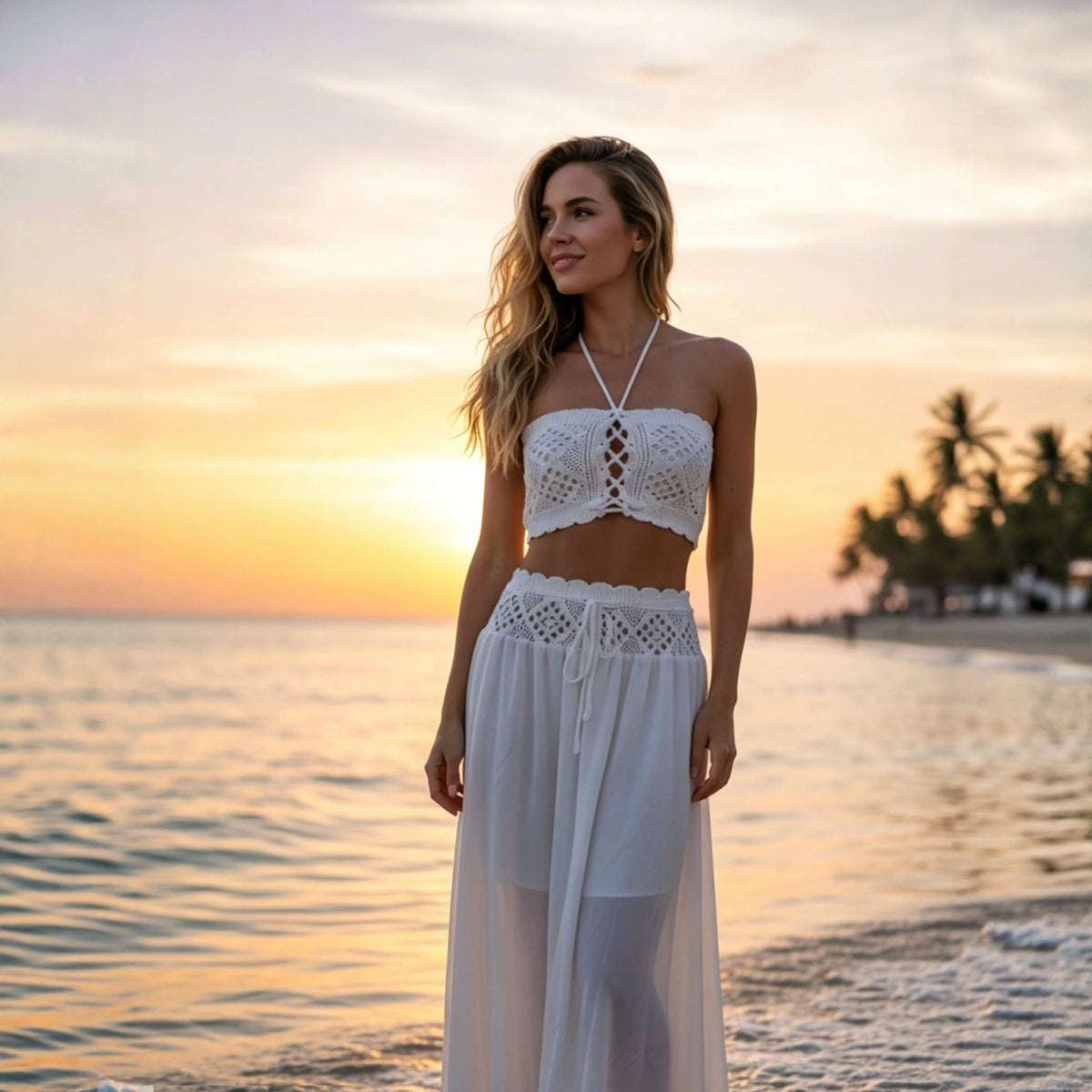 New 2-Piece Outfit, Reversible Long Chiffon Beach Dress With Liner, Tie Waist Crochet Hollow Out Cover Up Set – Premium 4 | RICALOUX