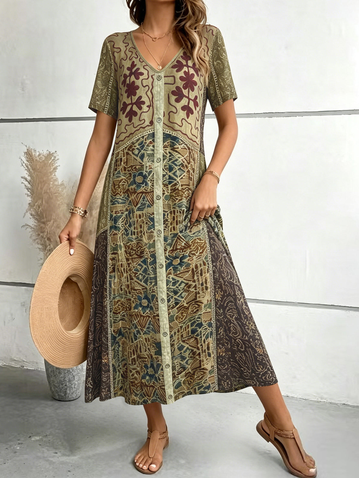Women's V-Neck Short Sleeve Bohemian Embroidered Print Maxi Dress Casual Loose Button Front Long Dress For Vacation – Premium 4 | RICALOUX