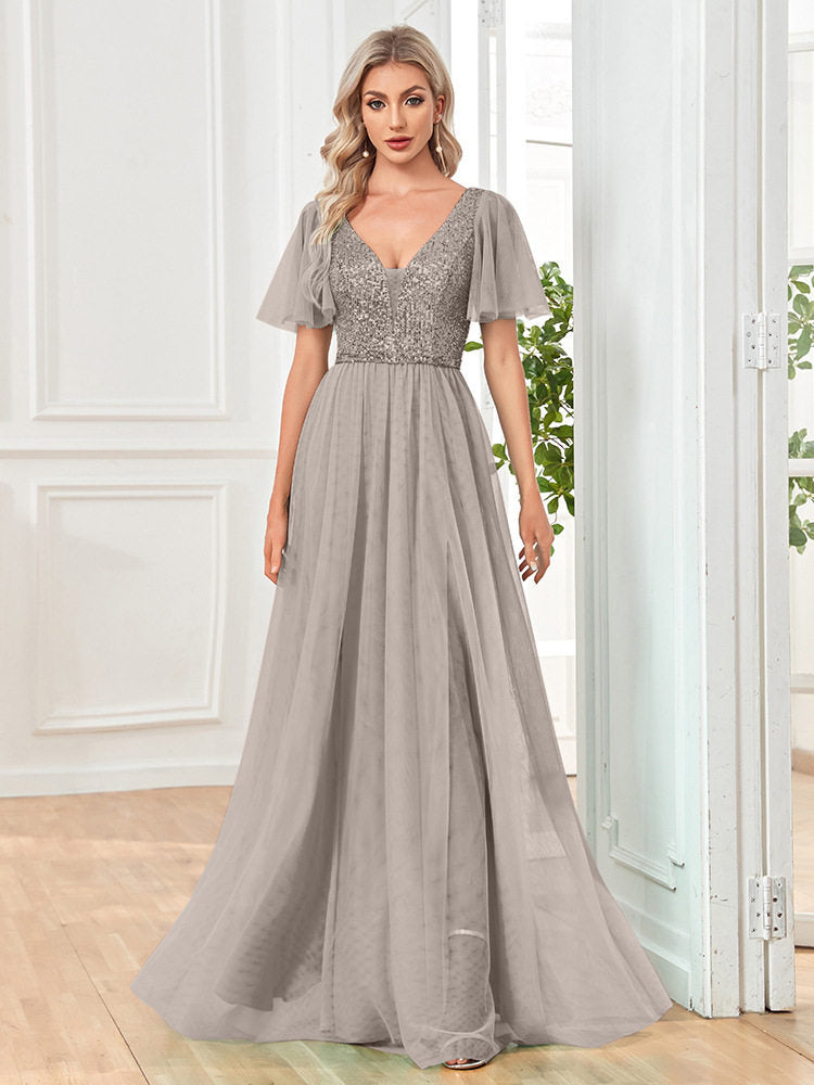 Womens Sexy V-neck Short-sleeve Long Dress by Ricaloux