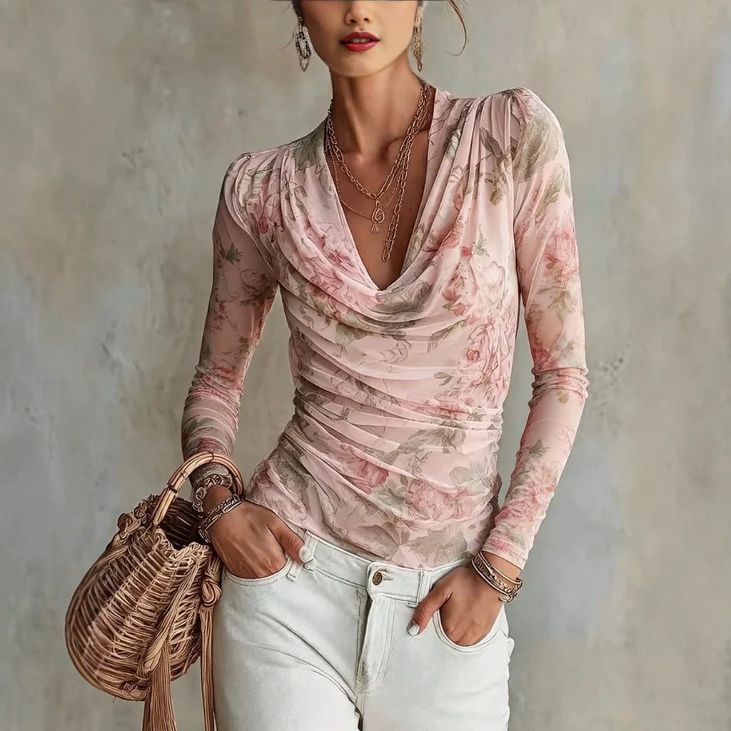 Womens Off-shoulder V-neck Cinched-waist Floral Chiffon Long-sleeve Top – Premium 0 | RICALOUX