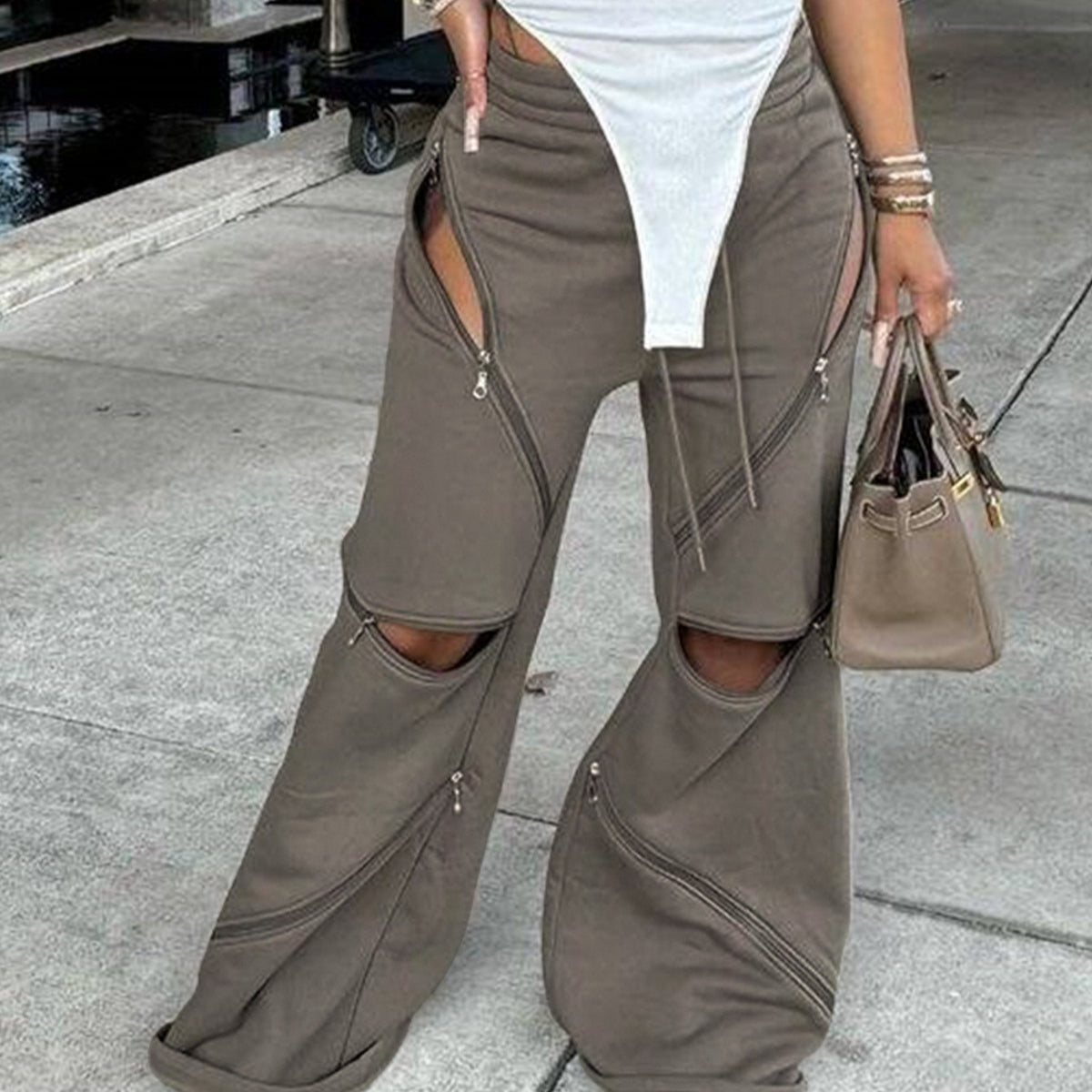 Fashionable Patchwork Wide-leg Flared Pants With Multiple Zippers by Ricaloux