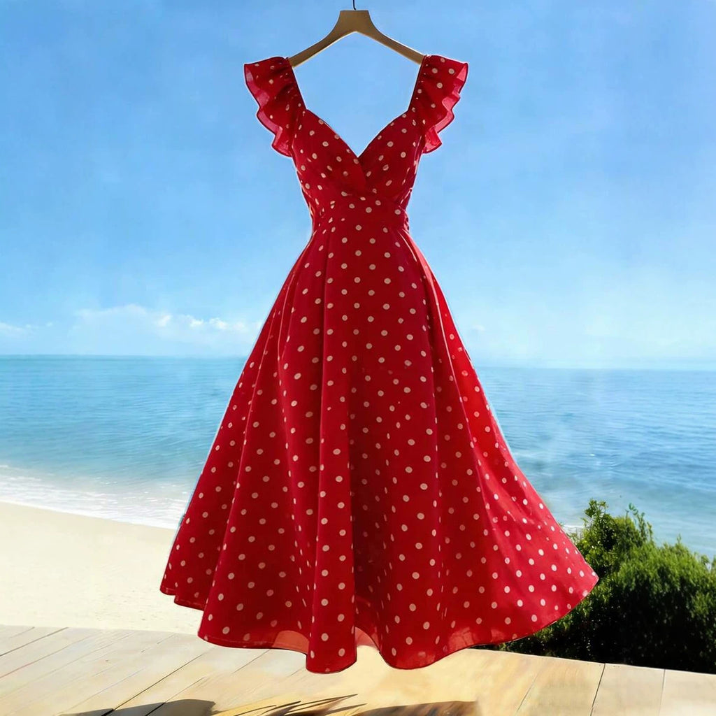Womens Solid-Color Casual Resort V-Neck Ruffle-Trim Dress by Ricaloux