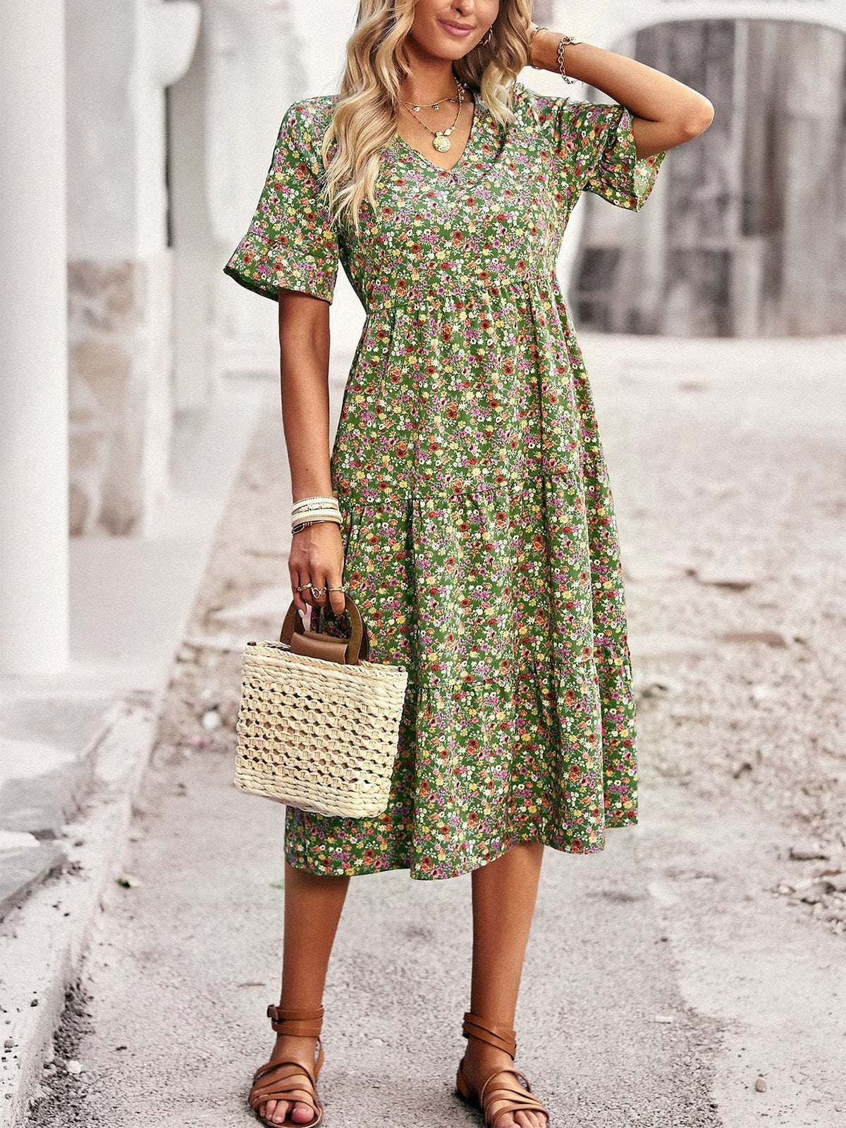Casual Bohemian V-neck Short-sleeve Flowing Long Beach Dress by Ricaloux