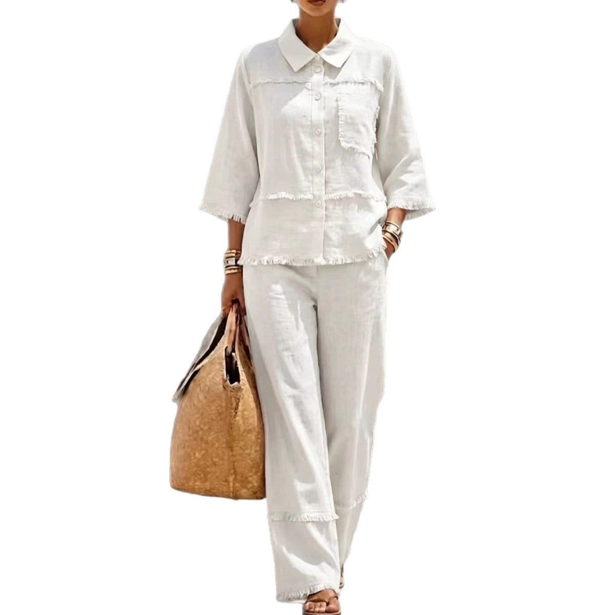 Stylish Casual Lapel Shirt Set With Raw-edged Blouse by Ricaloux