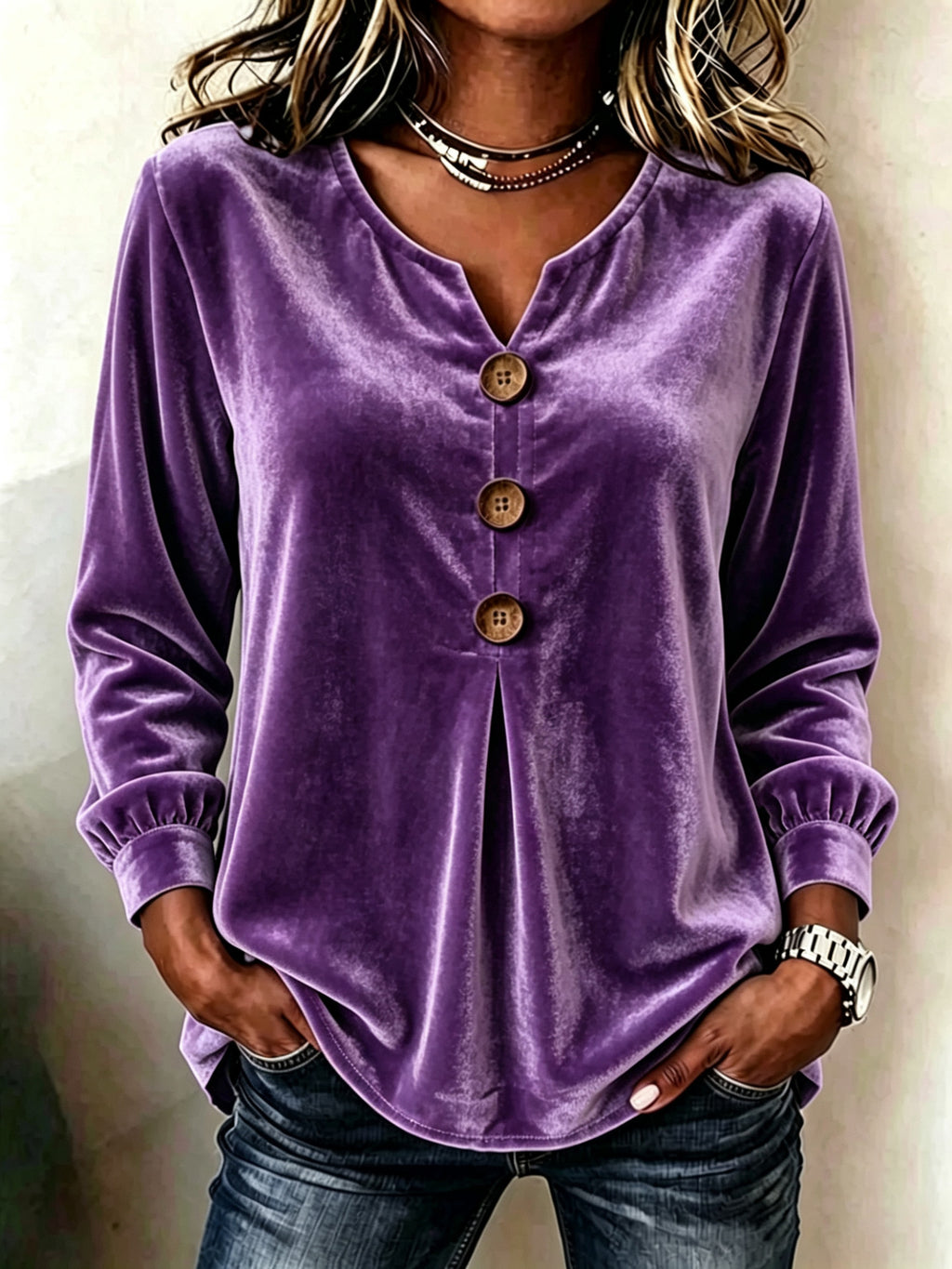 Elegant V-neck Buttoned Long-sleeve Velvet Blouse For Women by Ricaloux