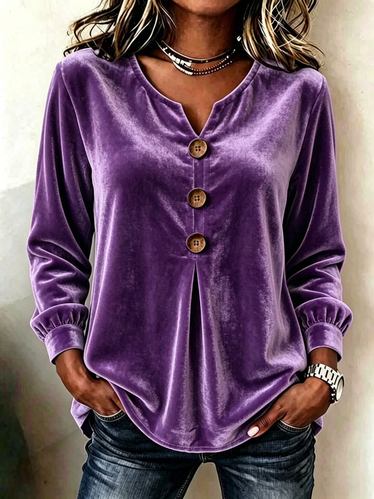 Elegant V-neck Buttoned Long-sleeve Velvet Blouse For Women by Ricaloux