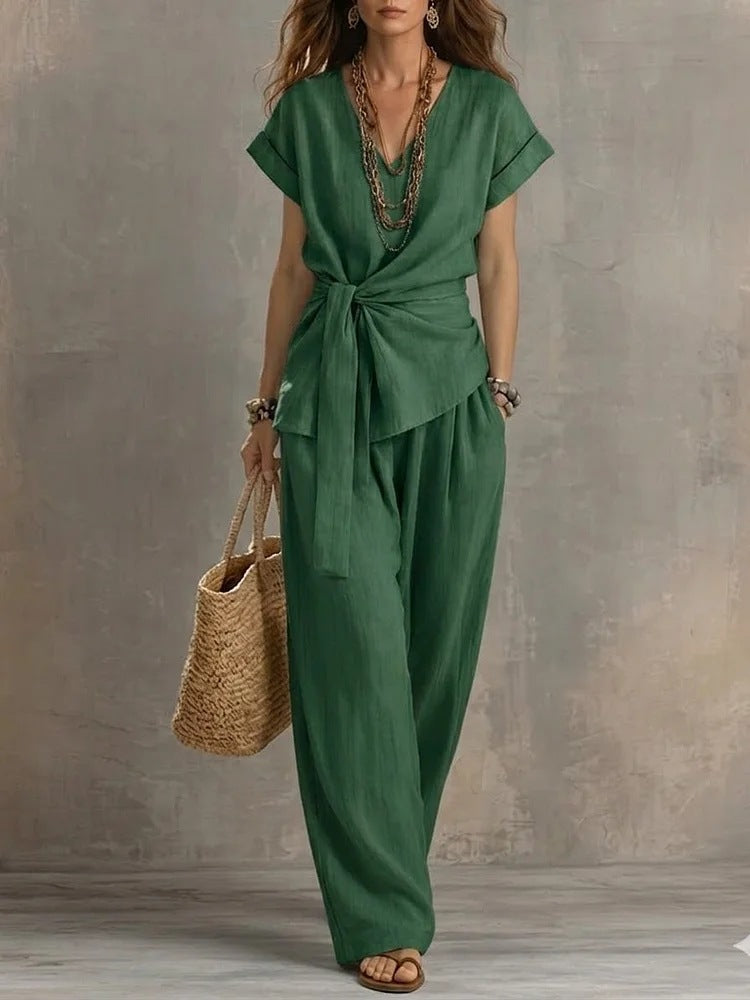 Waist-cinched V-neck Top And Solid-color Casual Pants Set – Premium 0 | RICALOUX