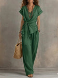 Waist-cinched V-neck Top And Solid-color Casual Pants Set – Premium 0 | RICALOUX