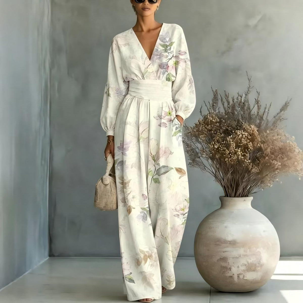 V-neck Long-sleeve Womens Printed Jumpsuit by Ricaloux