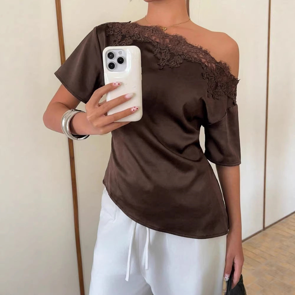 Womens New Solid-color Lace-trimmed Top by Ricaloux