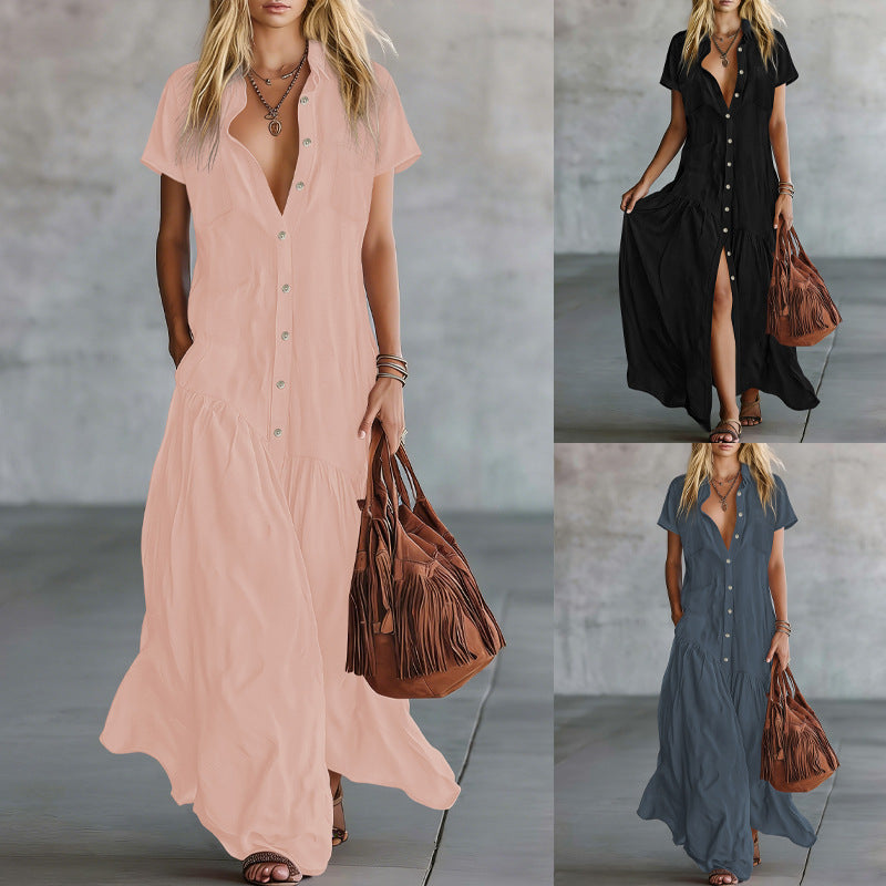 Womens Minimalist Solid-color Lapel Dress With Slanted Ruffled Hem by Ricaloux