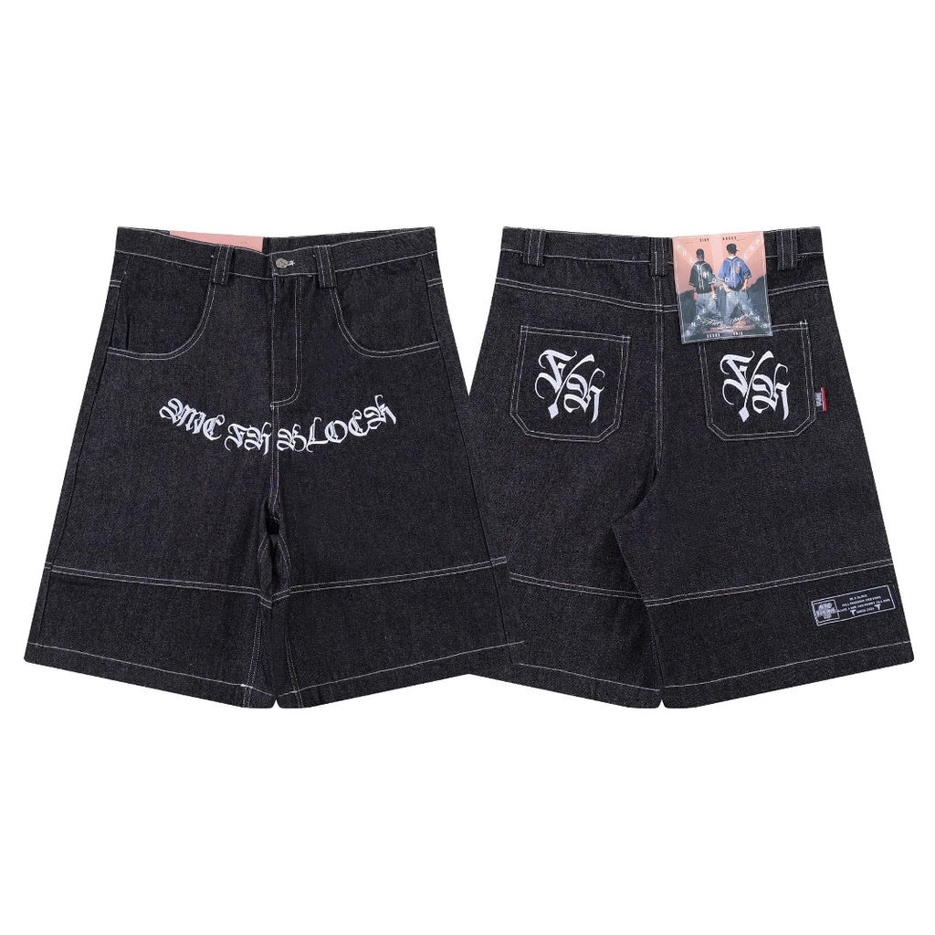 Carnot-style Embroidered Cursive Lettering Denim Shorts by Ricaloux