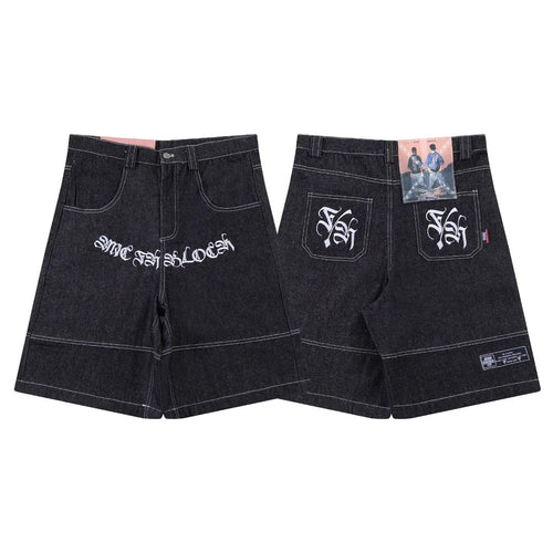 Carnot-style Embroidered Cursive Lettering Denim Shorts by Ricaloux