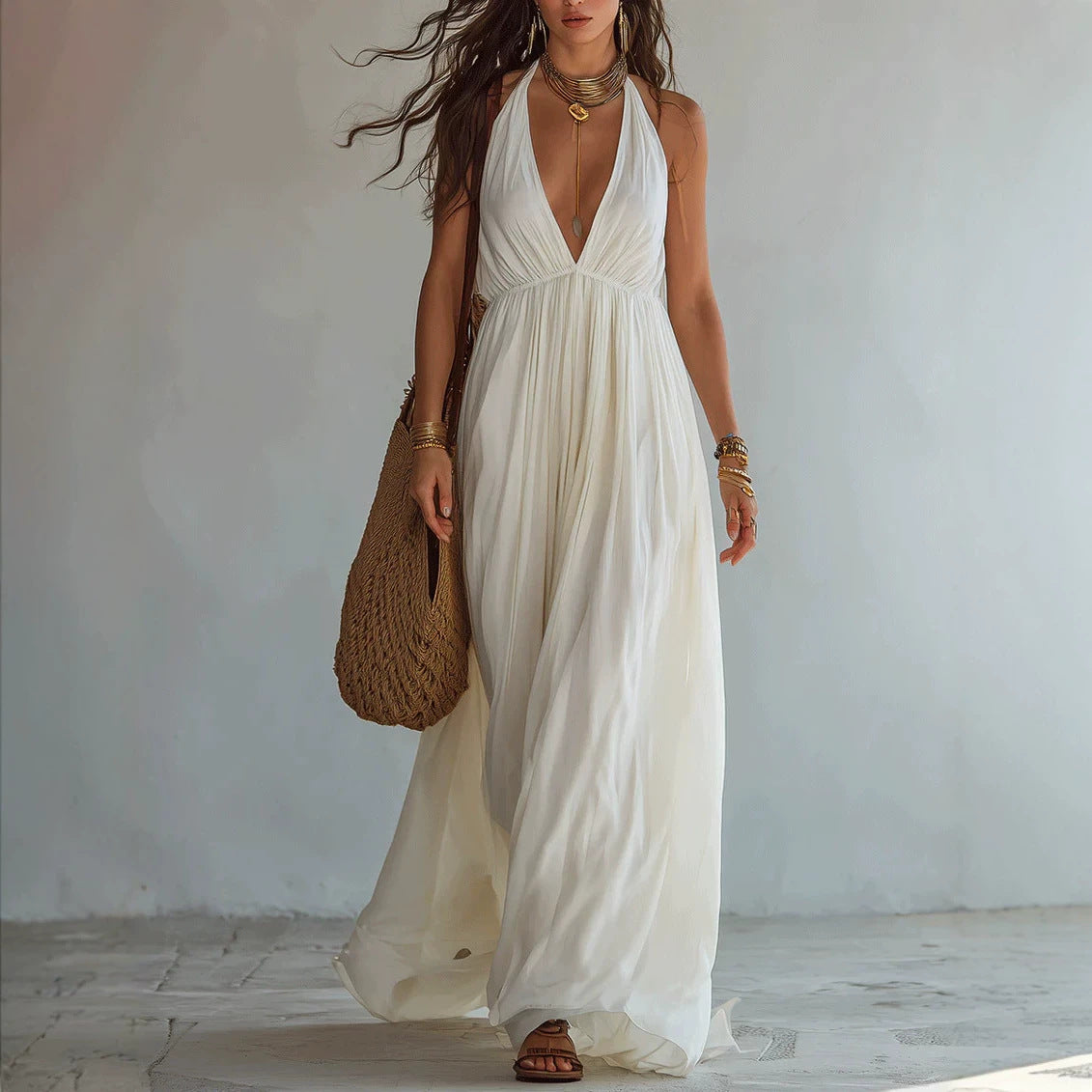 Deep V-neck Halter Backless Dress For Women by Ricaloux