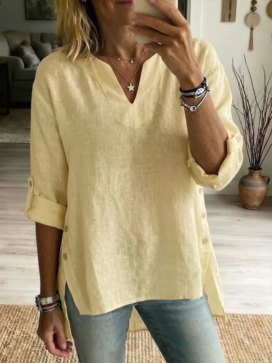 Loose Casual V-neck Three-quarter-sleeve T-shirt For Women by Ricaloux