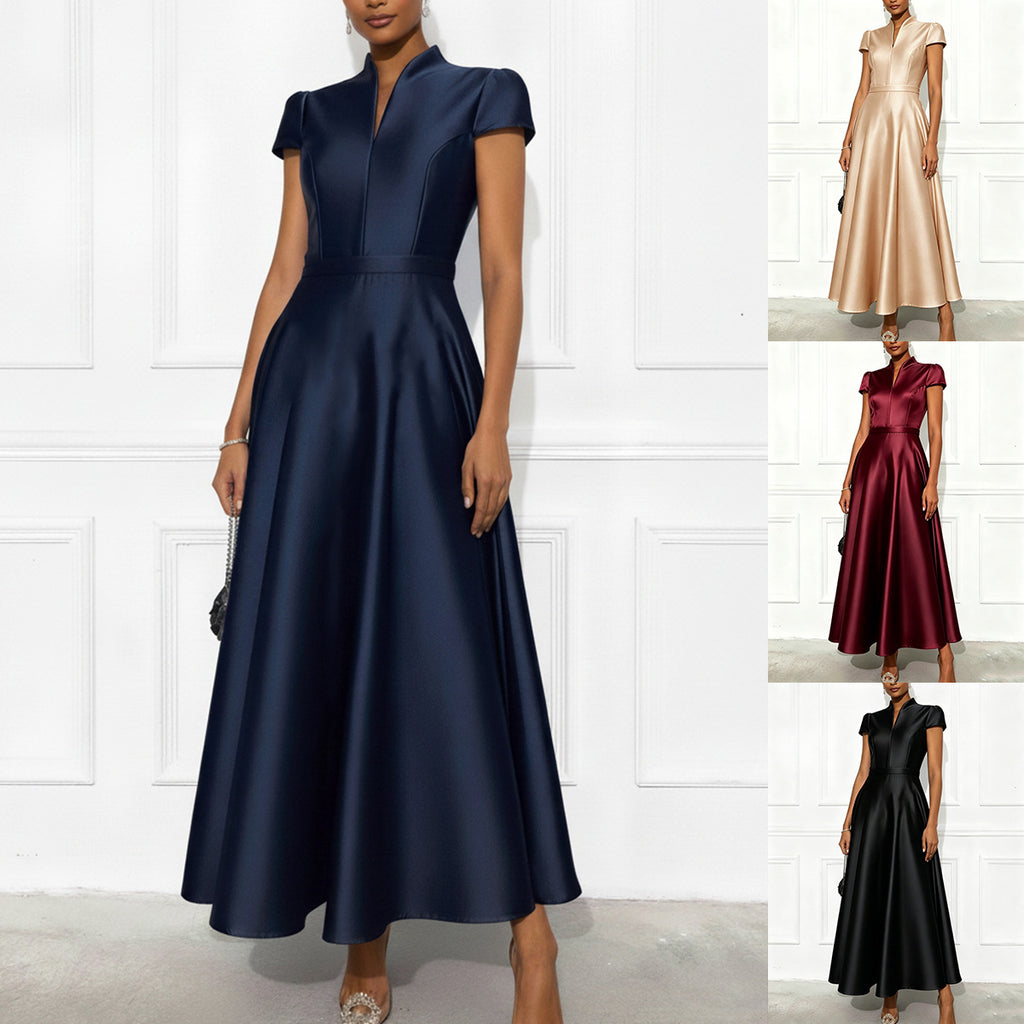 Solid-color Knitted Satin Short-sleeve Waist-cinching Swing Dress – Premium 0 | RICALOUX
