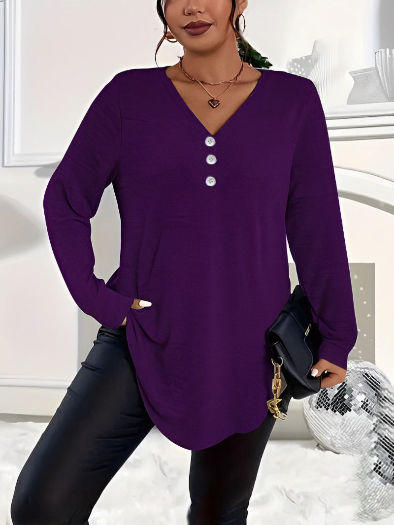 Womens Plus-Size Solid-Color Long-Sleeve Top With Buttons – Premium 0 | RICALOUX