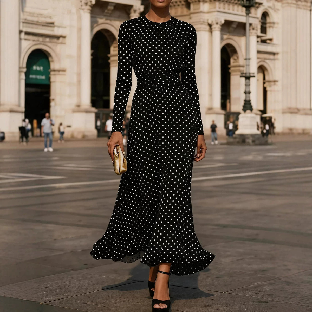 Round-neck Long-sleeve Polka-dot Sheath Dress – Premium 0 | RICALOUX
