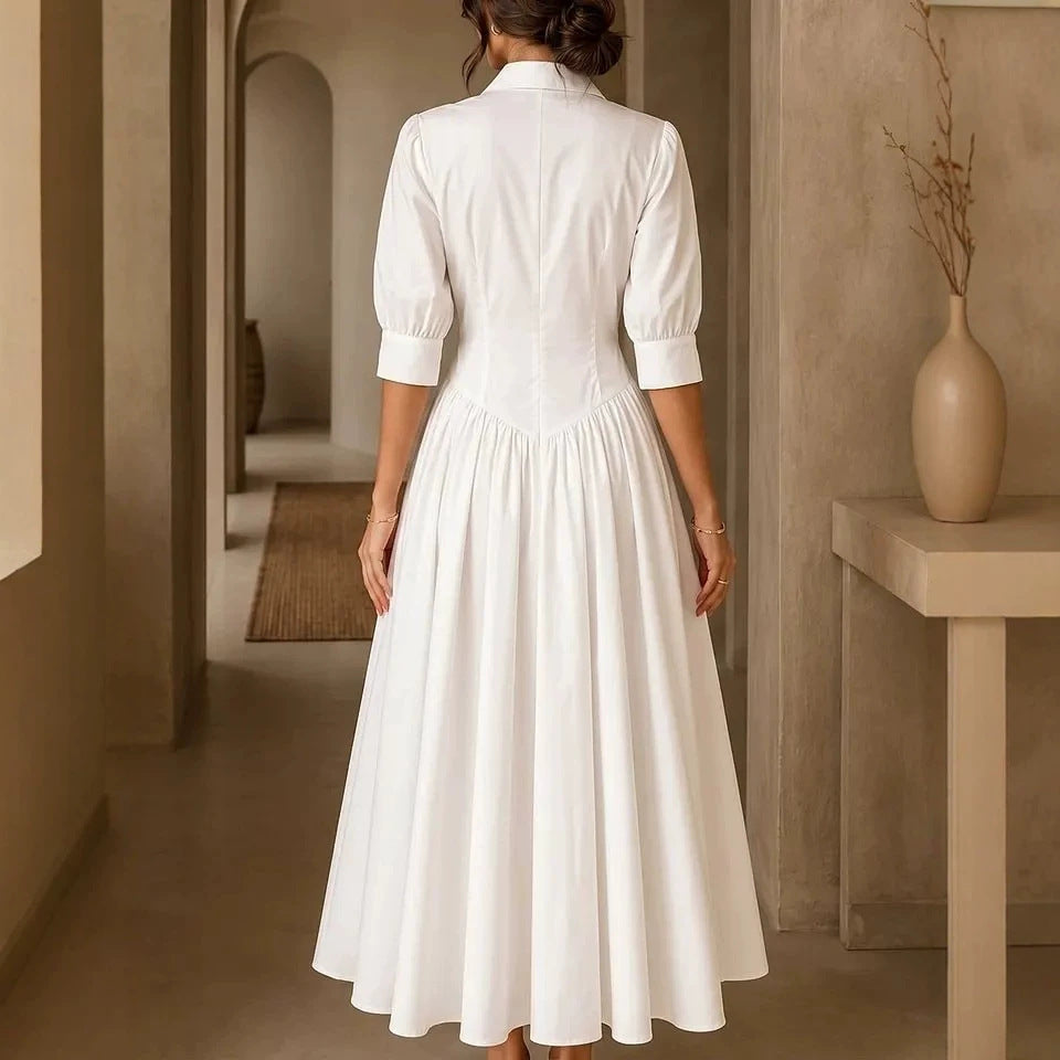 Cotton-linen Blend Single-breasted High-waisted Solid-color Dress by Ricaloux