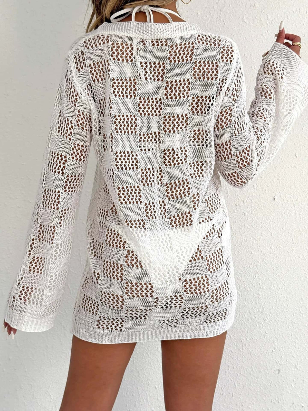 Women Hollow Woven Long Sleeve Tie Front Cardigan, European American Sun Protection Bikini Cover Up, Casual Beach Outerwear – Premium 4 | RICALOUX