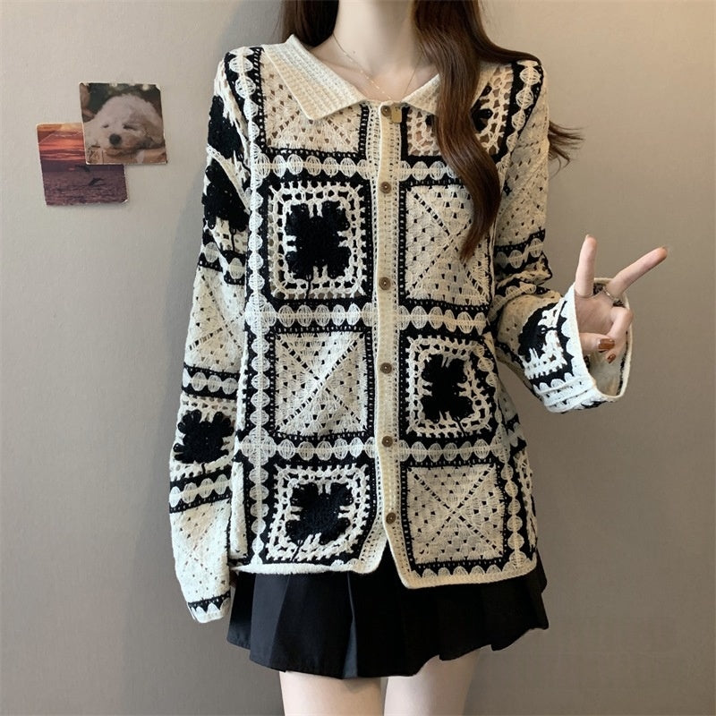 French-style Elegant Crocheted Floral Plaid Cardigan With A Lapel by Ricaloux