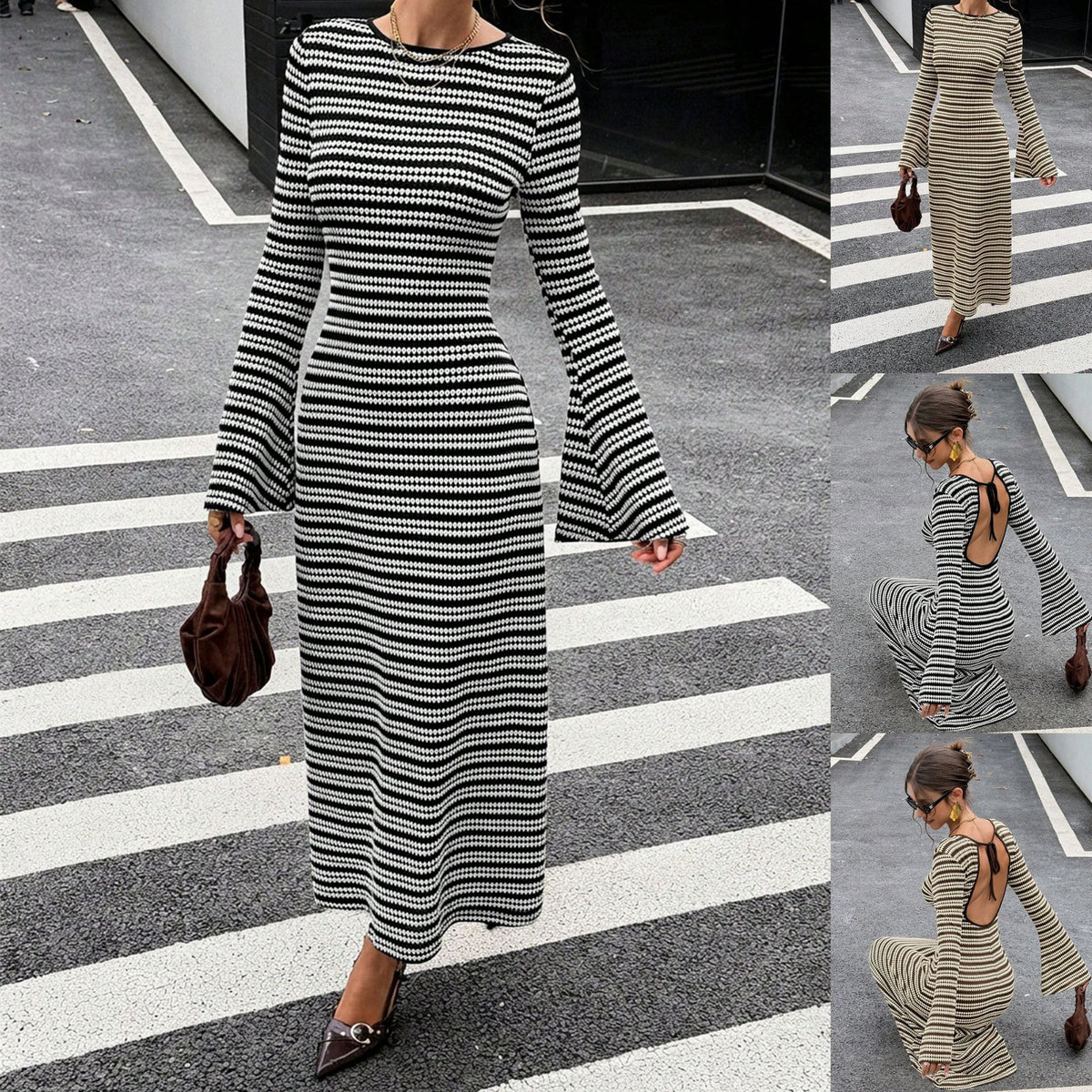 New Round-neck Bell-sleeve Backless Striped Knit Dress – Premium 0 | RICALOUX