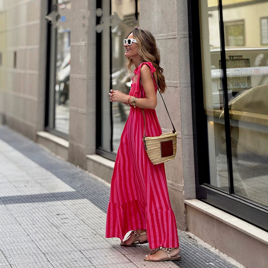 Womens Striped Printed Lace-Up Waist-Cinching Dress – Premium 0 | RICALOUX