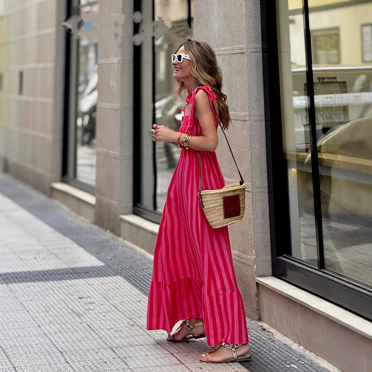Womens Striped Printed Lace-Up Waist-Cinching Dress – Premium 0 | RICALOUX