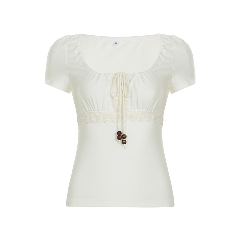 Retro Girly Beaded Drawstring Lace-panel Short Top – Premium 0 | RICALOUX
