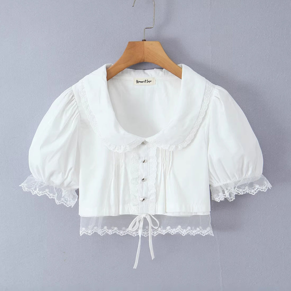 Cotton Mesh Lace Panelled Puff-sleeve Spicy-girl Style Cropped Top by Ricaloux