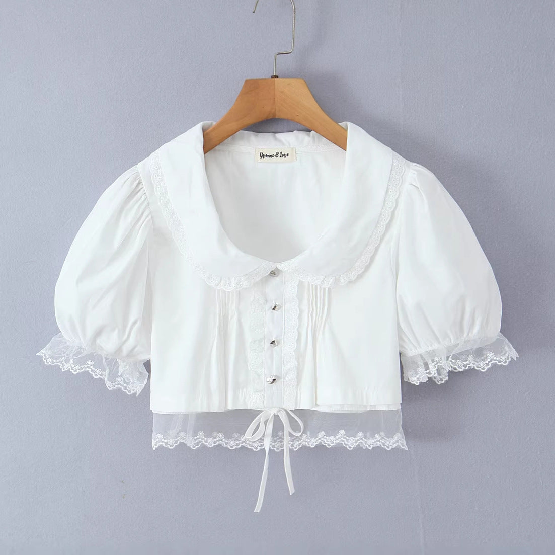 Cotton Mesh Lace Panelled Puff-sleeve Spicy-girl Style Cropped Top by Ricaloux