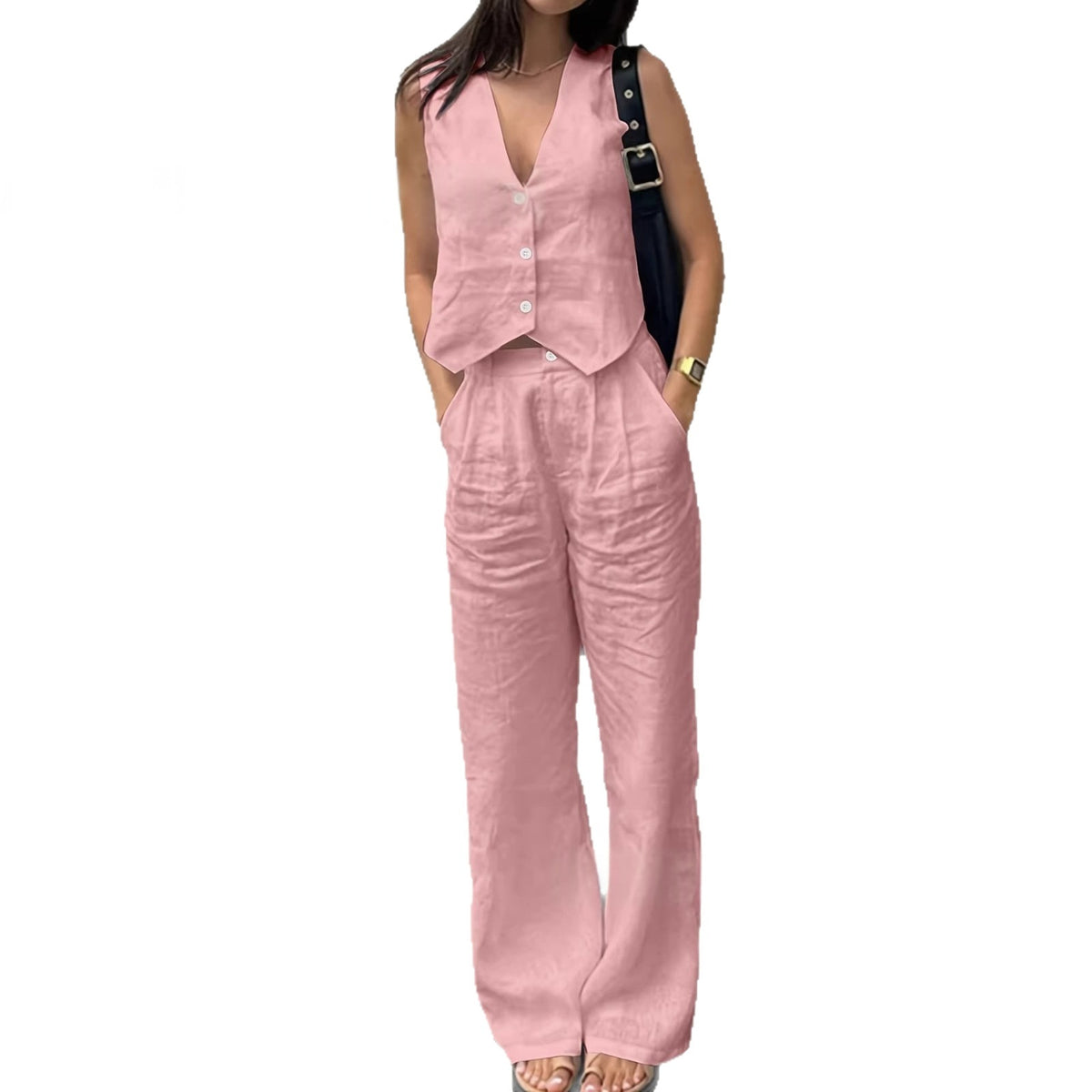 Fabric V-neck Vest High-waisted Wide-leg Pants Casual Two-piece Set by Ricaloux