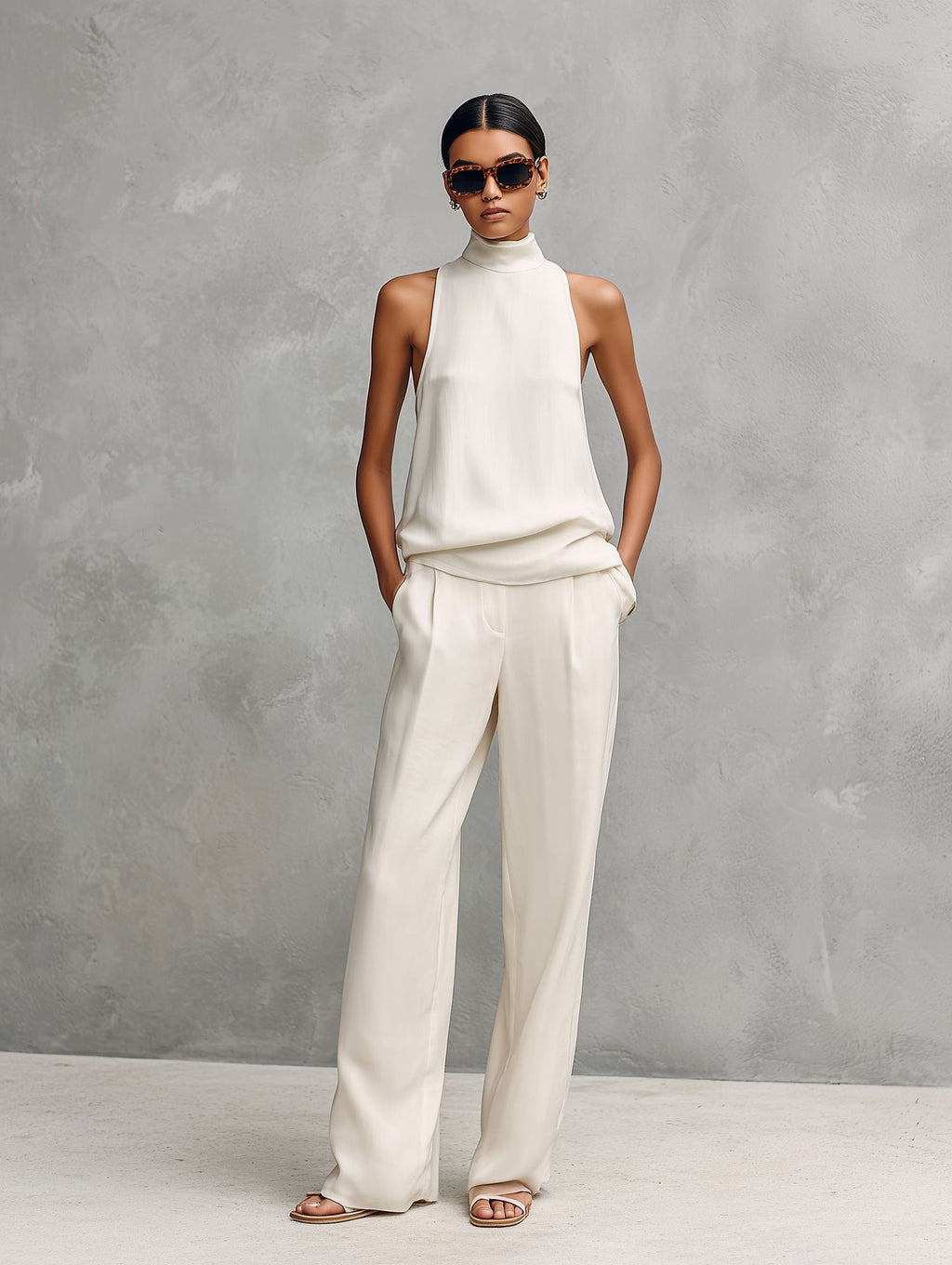 Sleeveless Turtleneck Top And Wide-leg Pants Set by Ricaloux