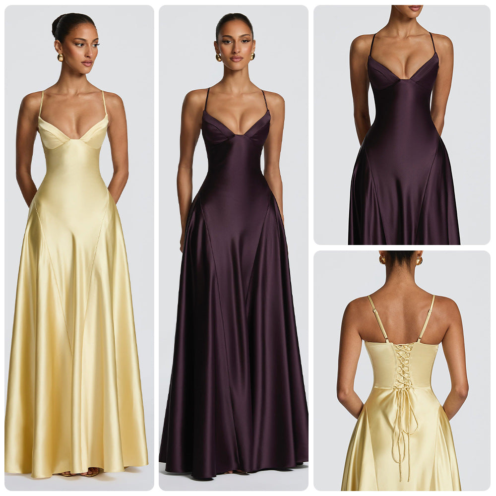 Satin Strapless Waist-cinching Maxi Evening Gown With A Deep V-neck And A Full Skirt In Satin by Ricaloux