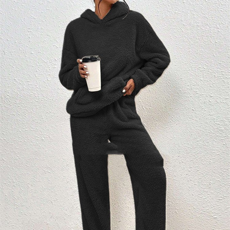 Fleece-lined Hooded Long Sleeve Dimensional Patch Pocket Casual Trousers Solid Color Suit - RICALOUX