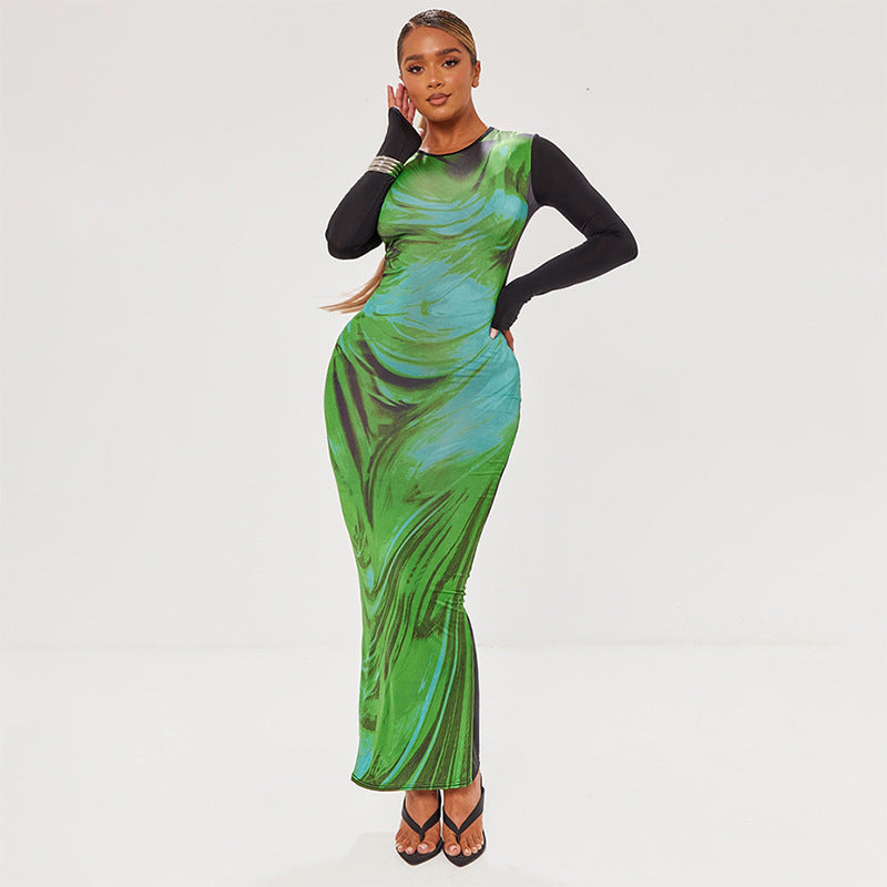 Round-neck Printed Long-sleeve Waist-cinching Sheath Dress by Ricaloux