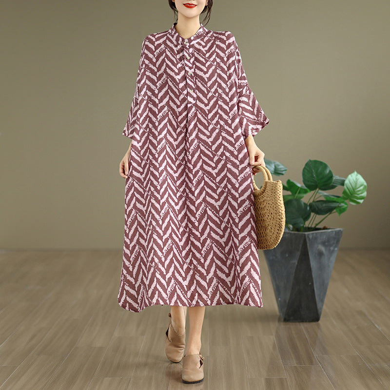 Cotton-linen Printed Mandarin-collar Loose-fit Maxi-length Resort Dress – Premium 0 | RICALOUX