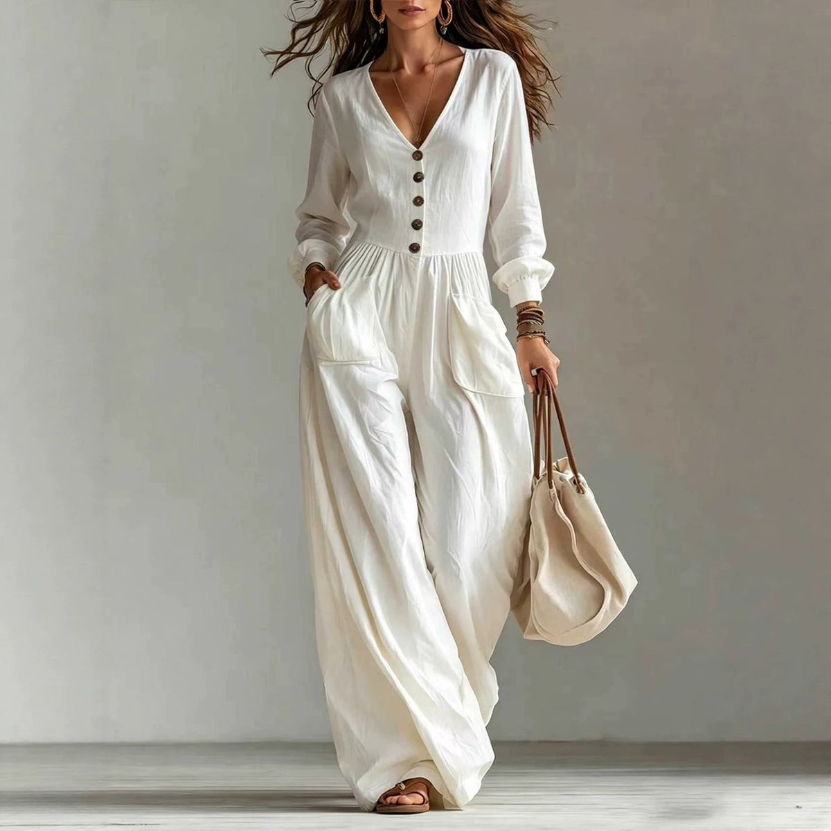 New Autumnwinter Casual Chic Womens V-neck Long-sleeve Jumpsuit With Pockets – Premium 0 | RICALOUX