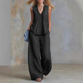 Fashionable Casual Solid-color V-neck Pleated Loose-fit Sleeveless Two-piece Set With Long Pants – Premium 0 | RICALOUX