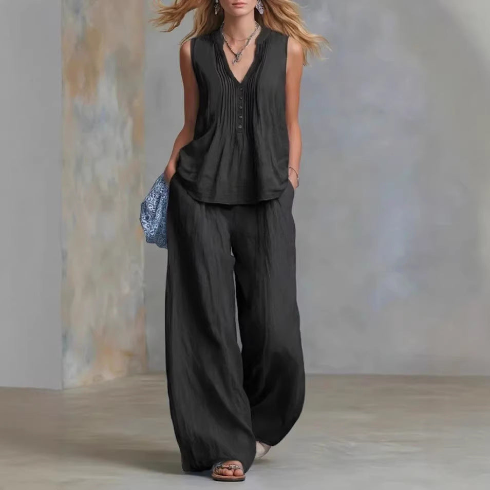 Fashionable Casual Solid-color V-neck Pleated Loose-fit Sleeveless Two-piece Set With Long Pants – Premium 0 | RICALOUX