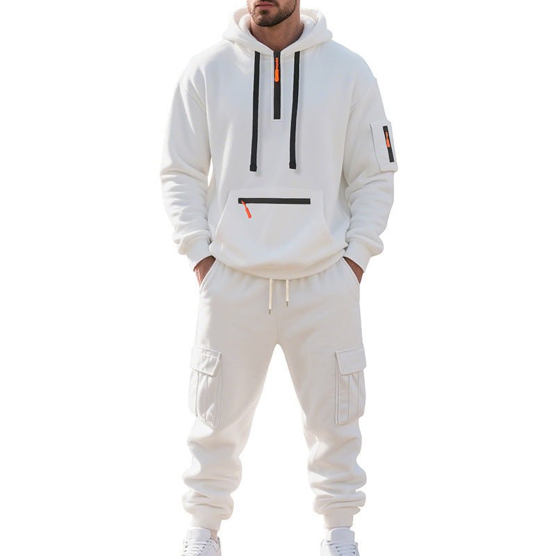 Men's Loose Sports And Leisure Suit Sweater Fleece-lined Hoodie Set Zipper Multi-Pocket Pullover Men's Sports Casual Top Two-piece Set - RICALOUX