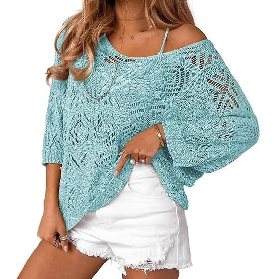 Crochet Hollowed-Out Three-Quarter-Sleeve Pullover Sweater – Premium 0 | RICALOUX