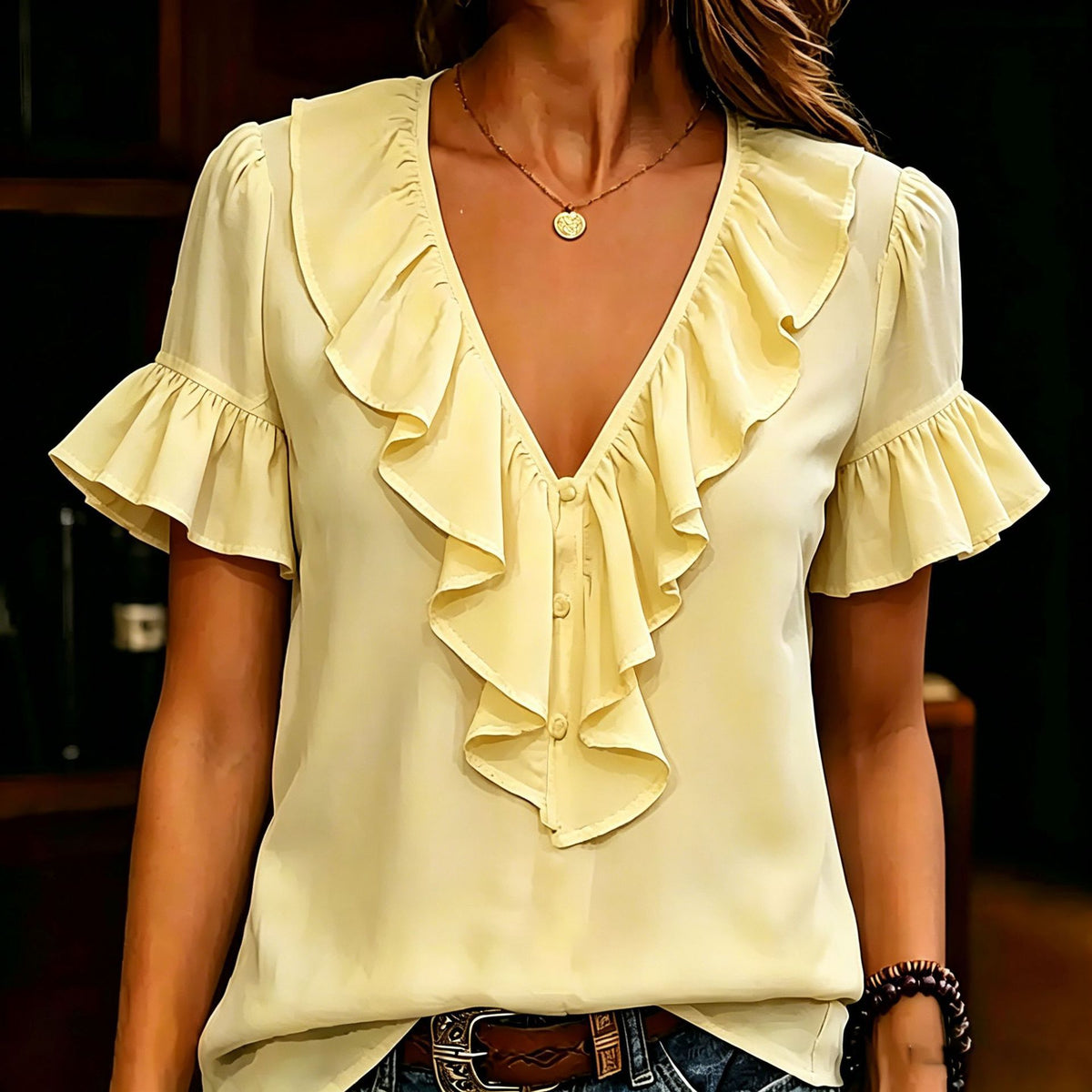 Womens Short-Sleeved T-Shirt With Ruffled Hem And V-Neck by Ricaloux