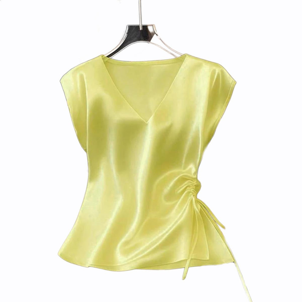 Womens Solid-Color Casual Satin V-Neck Top With Drawstring Hem - RICALOUX