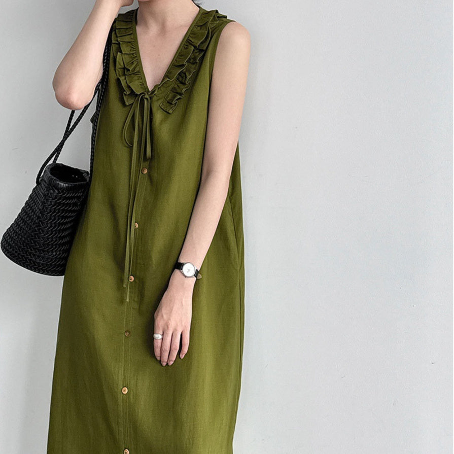 Womens Sleeveless V-Neck Dress With Ruffle Trim by Ricaloux